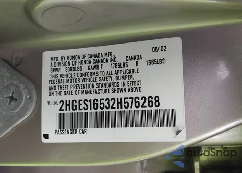 2002 Honda Civic Lx from USA, damaged, VIN 2HGES16532H576268